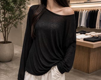 Oversized Sheer Off-Shoulder Top – Lightweight Knit Streetwear Pullover