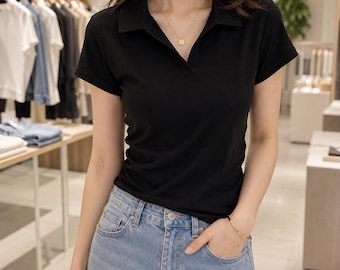 Women's Cotton Polo Crop Top – Slim Fit Short Sleeve Casual Summer Tee