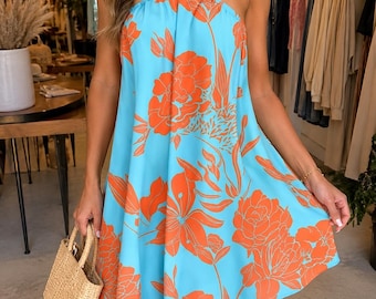 Minivestido halter estilo bohemio, vestido veraniego con estampado tropical, ropa fluida para la playa.