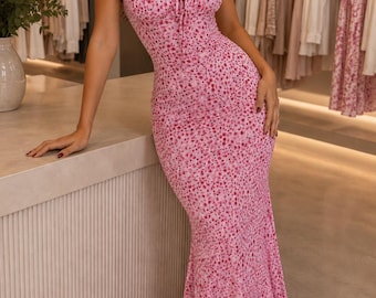 Vestido largo floral con cordones, sin mangas, sin espalda, ajustado, de punto, ideal para vacaciones de verano.