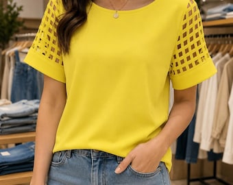 Blusa de verano para mujer con mangas holgadas, escote asimétrico, corte holgado y elegante, color liso.