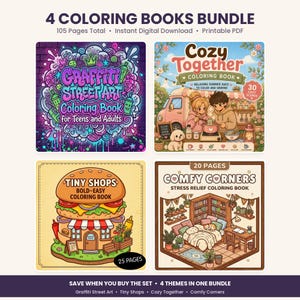 May include: A bundle of four coloring books titled 4 Coloring Books Bundle, featuring Graffiti Street Art, Cozy Together, Tiny Shops, and Comfy Corners. The covers display colorful illustrations of street art, a camper van scene, a burger shop, and a bedroom.
