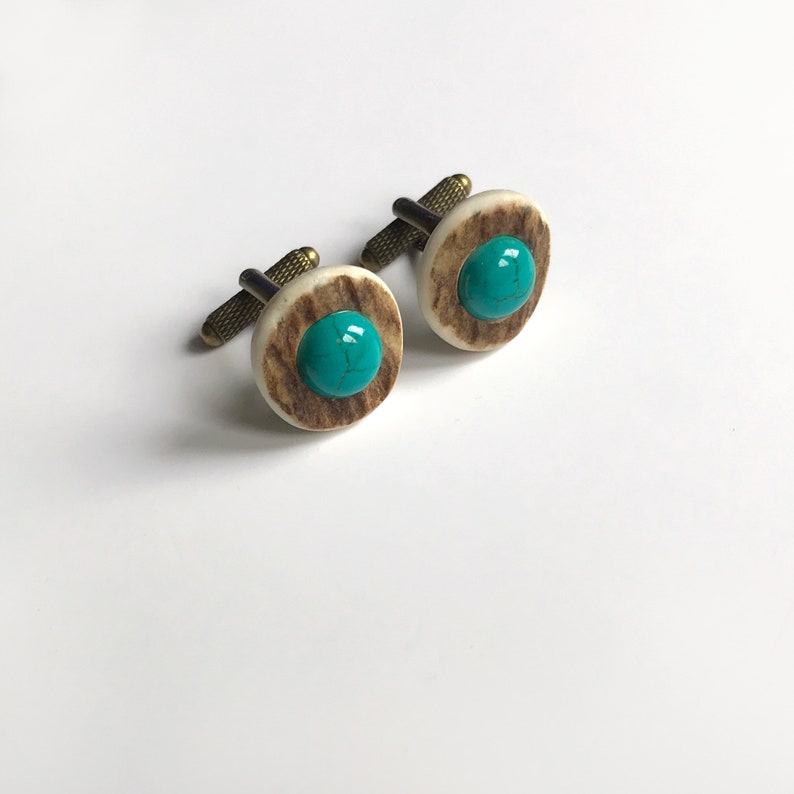 Men/'s Jewellery Antler Cufflinks Sleeve Buttons Handmade Cuff links Turquoise Deer Antler Cuff Links Rustic Wedding Woodland Wedding