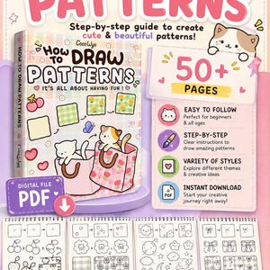 May include: A digital PDF guide titled "How to Draw Patterns" with a pink and white cover. The guide promises step-by-step instructions to create cute patterns. The cover features illustrations of cats and patterns.