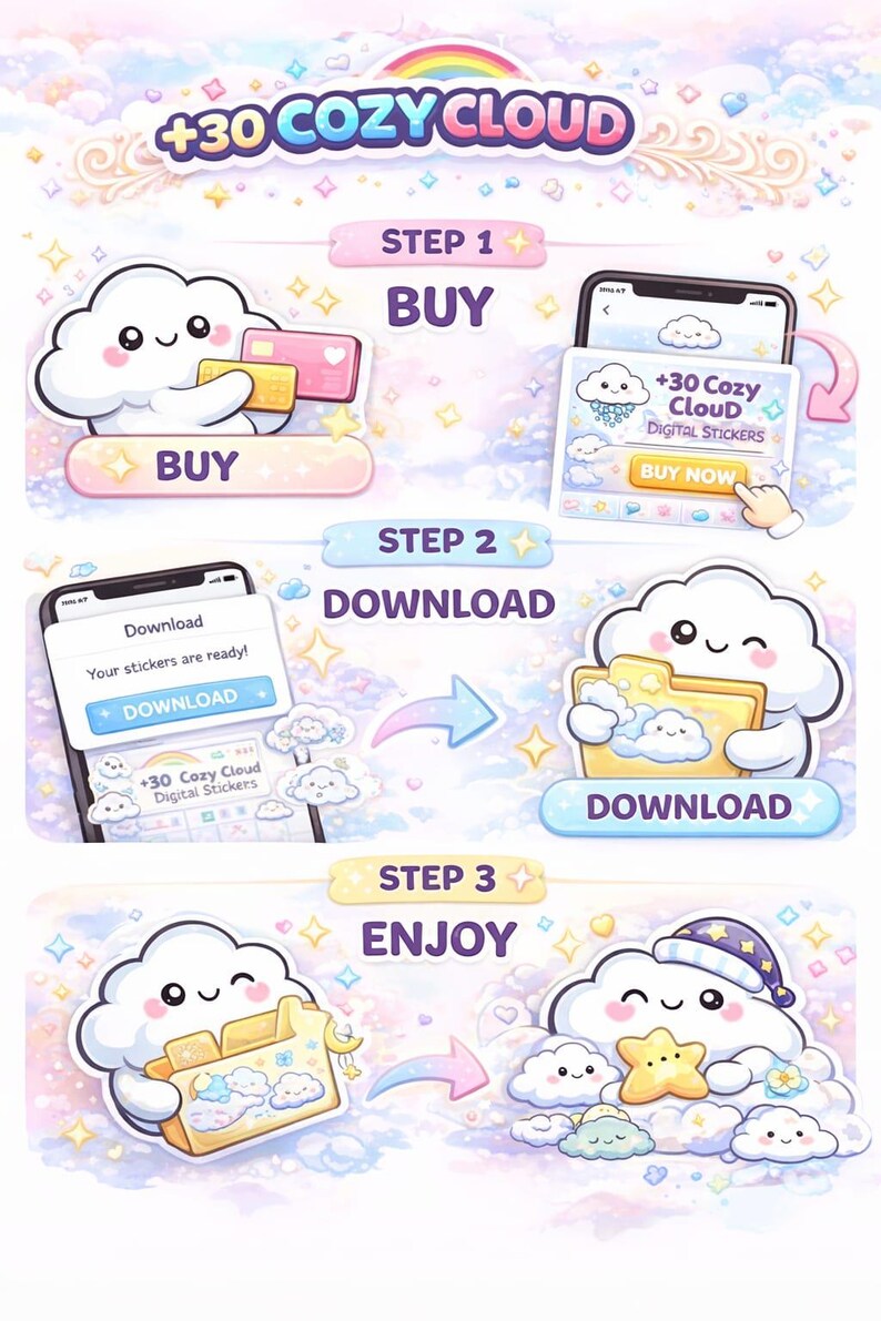 Cozy Cloud PNG Stickers | Kawaii Digital Download Pack - Etsy