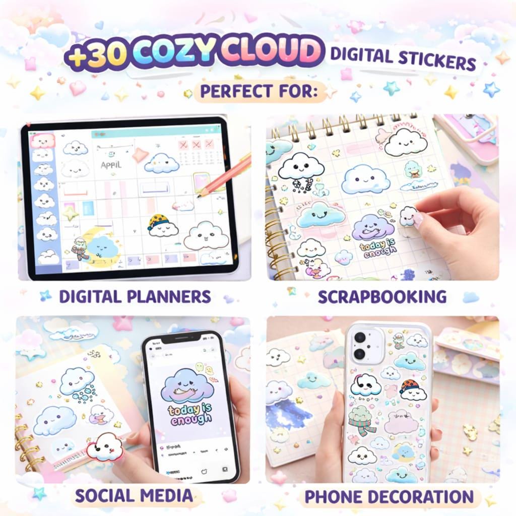 Cozy Cloud PNG Stickers | Kawaii Digital Download Pack - Etsy