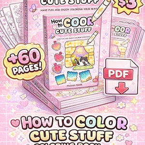 Puede incluir: Una pila de libros para colorear rosas titulados "How to Color Cute Stuff" y "How to Cook Cute Stuff". La portada presenta ilustraciones de un gato, corazones y otros elementos lindos. La imagen también incluye un icono de descarga PDF y una etiqueta de precio.