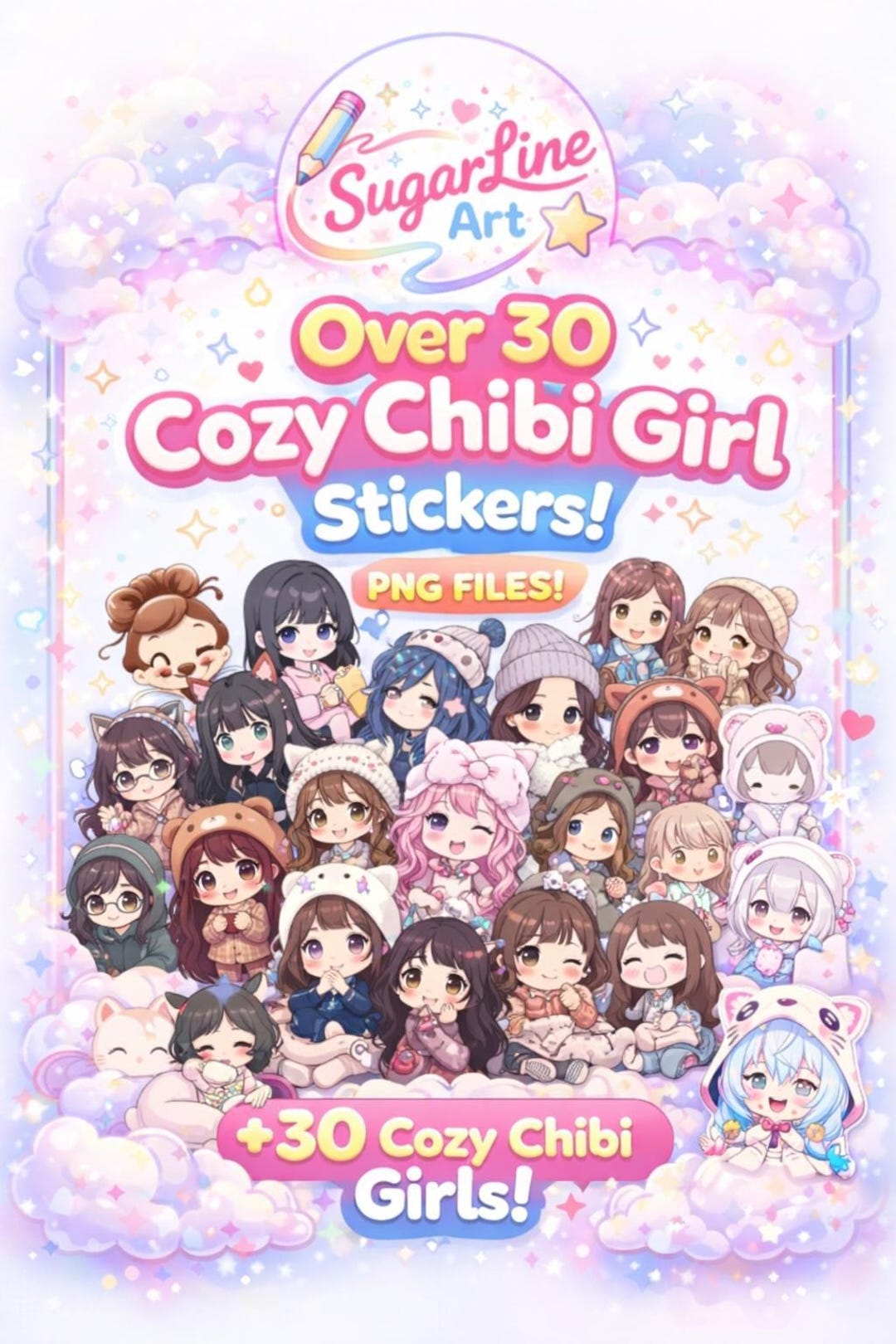 30+ Cozy Chibi Girl Stickers PNG Bundle, Cute Kawaii Digital Stickers ...