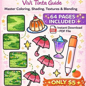 Pode incluir: Um guia de arte digital colorido intitulado "How to COLOR" com o subtítulo "Vivi Tinta Guide". A capa apresenta ilustrações de uma sobremesa, guarda-chuvas e um marcador. O guia inclui 64 páginas e está disponível como download instantâneo em PDF.
