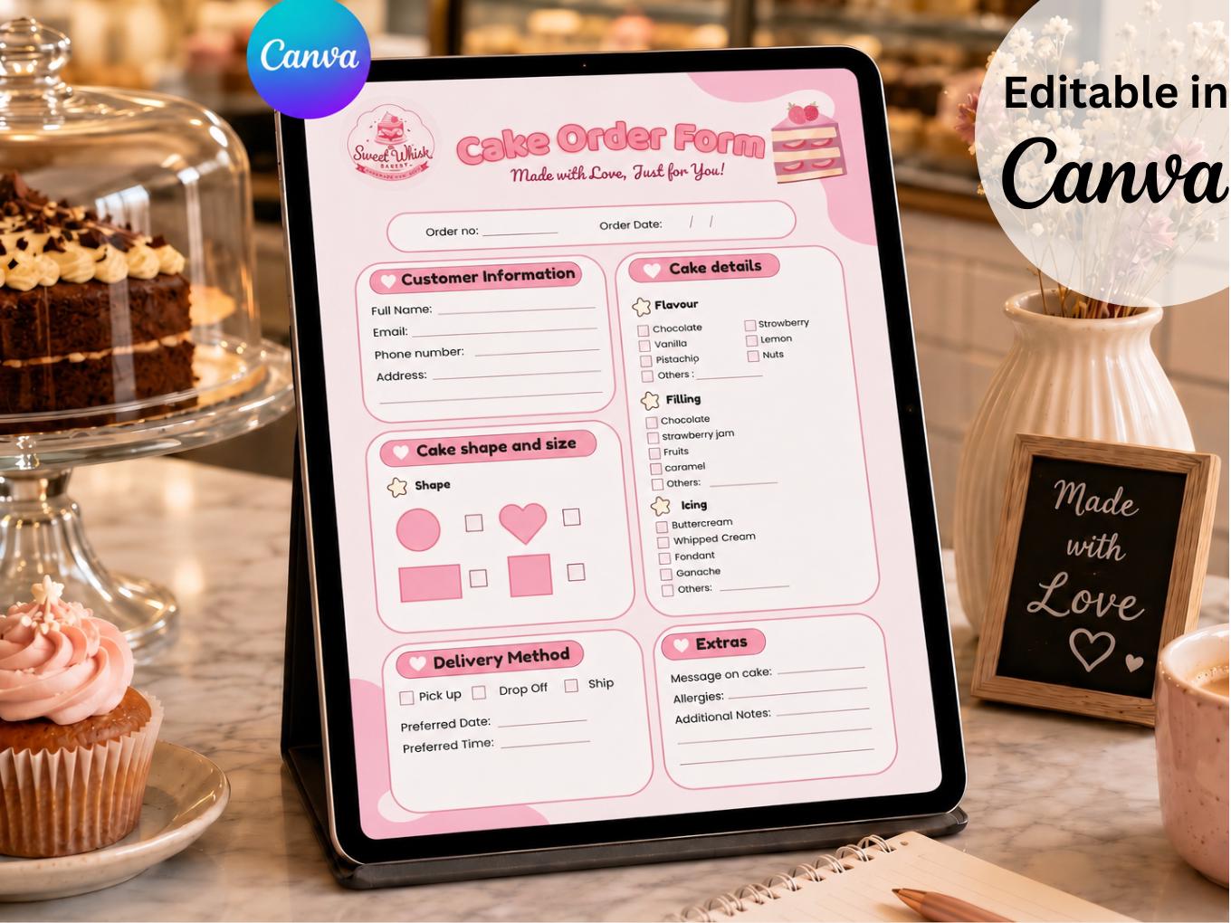 Editable Cake Order Form Template | Canva Bakery Order Sheet ...