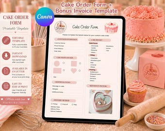 Formulario de pedido de pasteles editable en Canva, plantilla de factura de panadería adicional (descarga digital) en formato carta estadounidense.