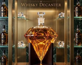 Diamond Cut Crystal Whiskey Decanter, Geometric Glass Carafe with Wooden Base