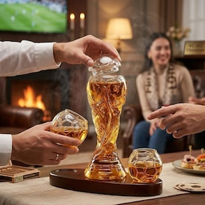 May include: A decorative glass decanter in the shape of a trophy, filled with amber liquid, sits on a wooden tray with two matching glasses. The glasses and decanter have a soccer ball design. The scene is set in a living room.