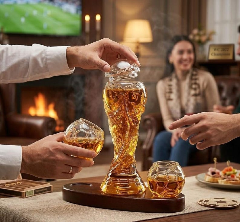 May include: A decorative glass decanter in the shape of a trophy, filled with amber liquid, sits on a wooden tray with two matching glasses. The glasses and decanter have a soccer ball design. The scene is set in a living room.