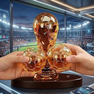 May include: A golden trophy and two soccer ball-shaped glasses filled with amber liquid. The trophy is in the shape of the FIFA World Cup trophy. The glasses are held up in a toast. The background shows a soccer stadium.