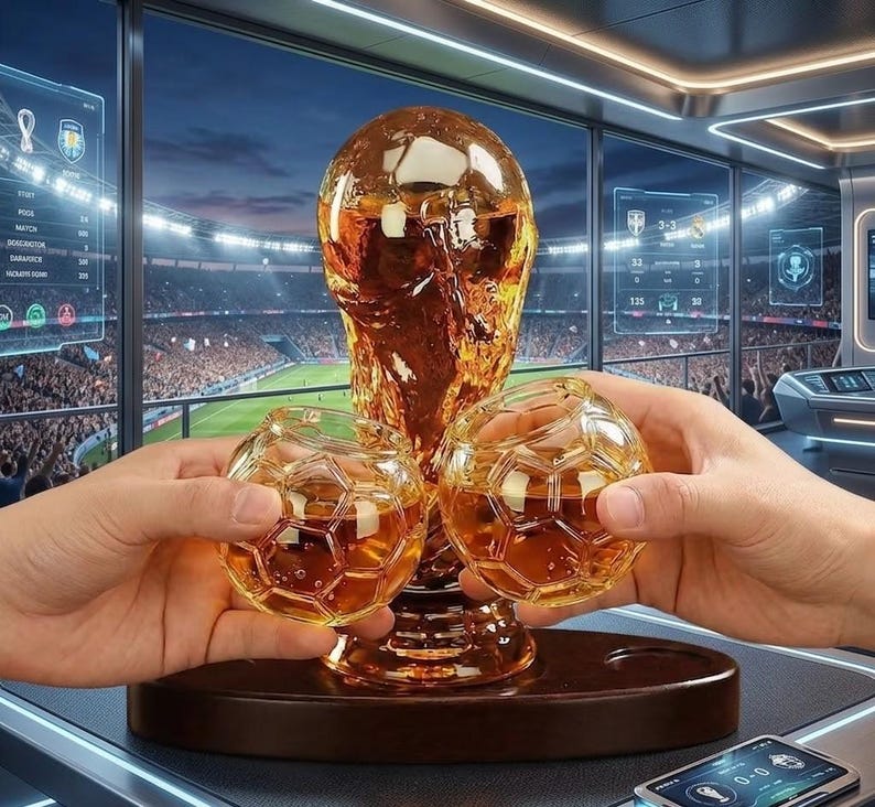 May include: A golden trophy and two soccer ball-shaped glasses filled with amber liquid. The trophy is in the shape of the FIFA World Cup trophy. The glasses are held up in a toast. The background shows a soccer stadium.