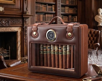 Leather Cigar Humidor Box with Glass Window, Portable Cigar Travel Case with Hygrometer, Luxury Cabinet Cigar Storage,Premium Groomsmen Gift
