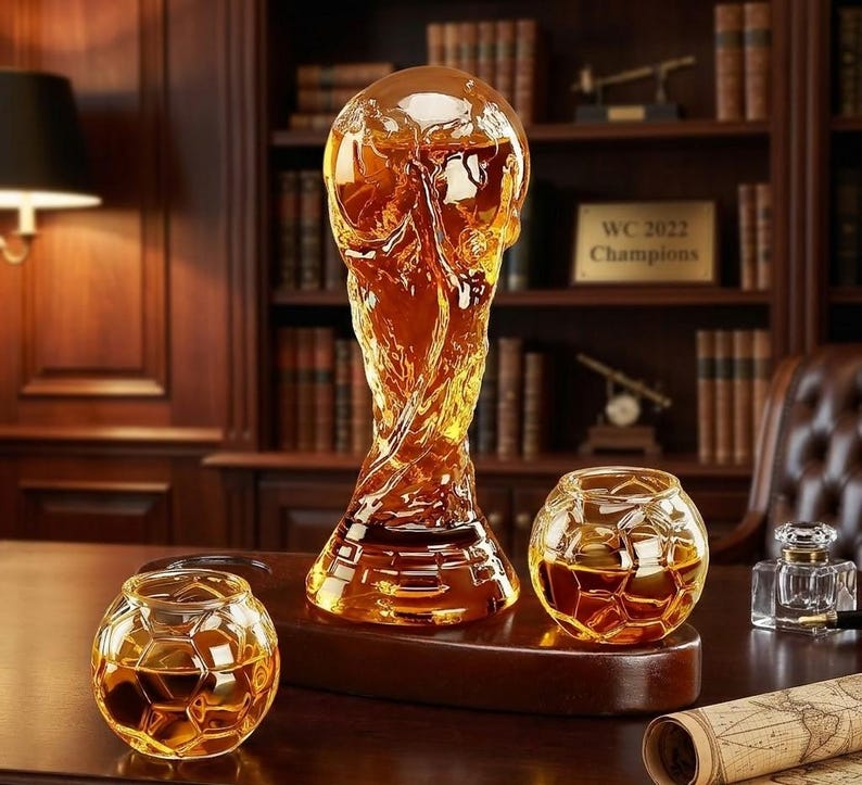 May include: A set of crystal glassware, including a trophy-shaped decanter and two spherical glasses, all filled with amber liquid. The decanter is the shape of a trophy. The glasses have a soccer ball design. The set is displayed on a wooden base.