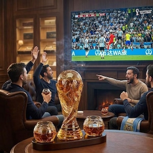 Puede incluir: Un grupo de personas viendo un partido de fútbol en una pantalla grande. Un trofeo dorado y dos vasos esféricos están sobre una mesa. La pantalla muestra el logo de la Copa Mundial de la FIFA Qatar 2022.