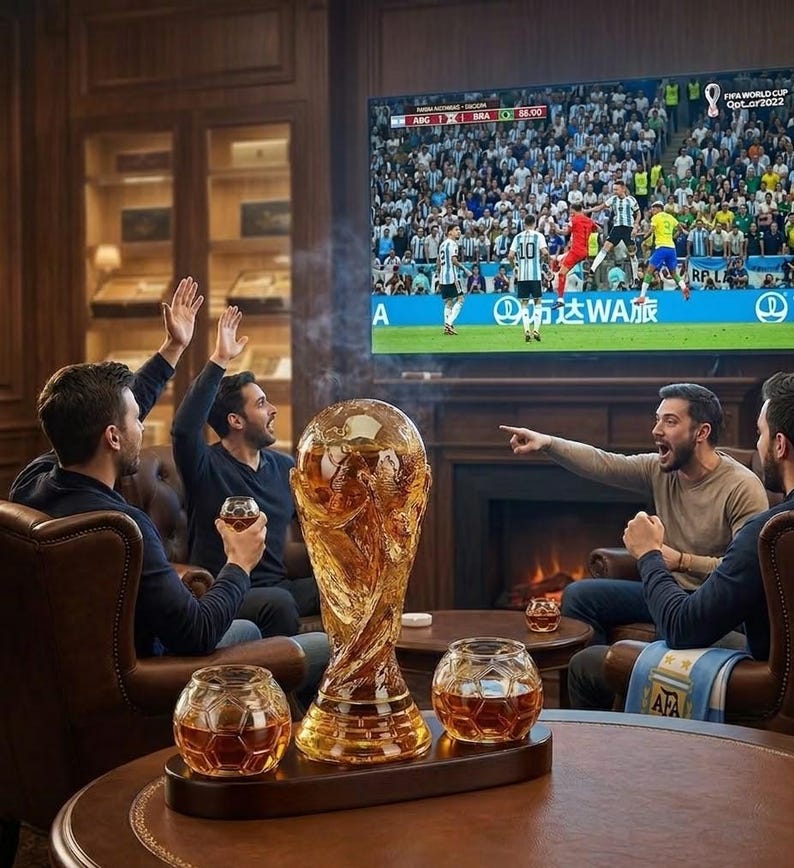 May include: A group of people watching a soccer game on a large screen. A golden trophy and two spherical glasses sit on a table. The screen displays the FIFA World Cup Qatar 2022 logo and the score.
