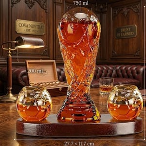 May include: A decorative glass set featuring a trophy-shaped decanter (750 ml) and two soccer ball-shaped glasses (200 ml). The set is displayed on a wooden base (10.9 x 4.6 inches). The set is filled with amber liquid.