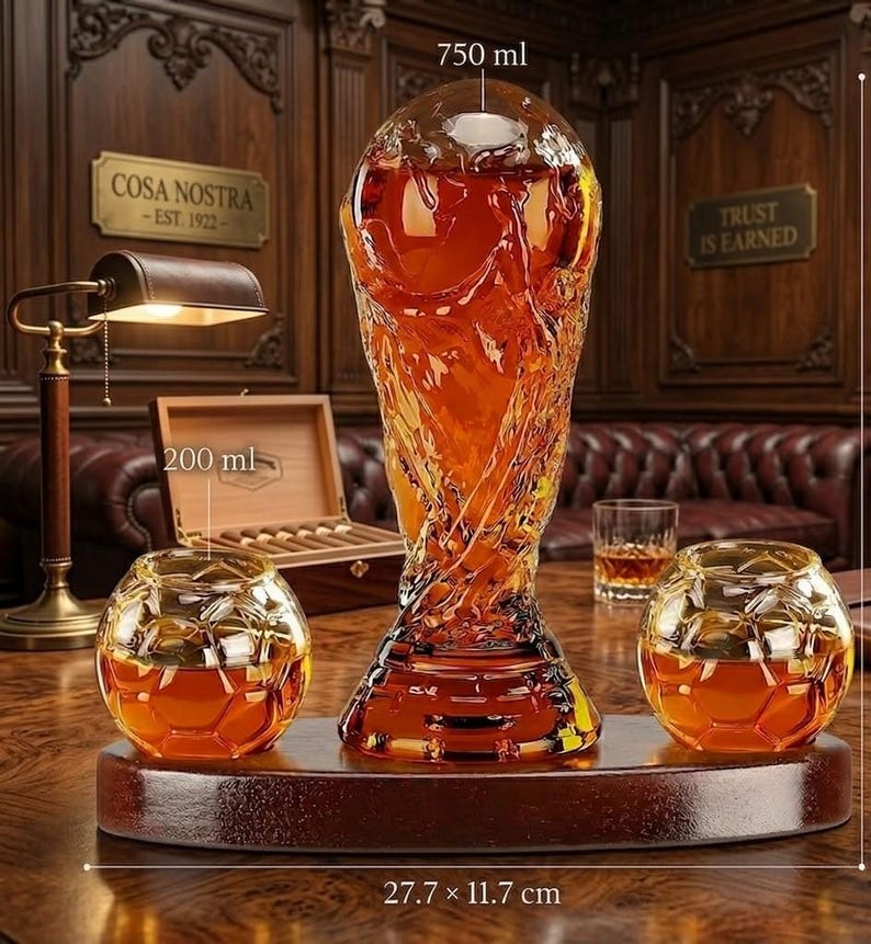 May include: A decorative glass set featuring a trophy-shaped decanter (750 ml) and two soccer ball-shaped glasses (200 ml). The set is displayed on a wooden base (10.9 x 4.6 inches). The set is filled with amber liquid.