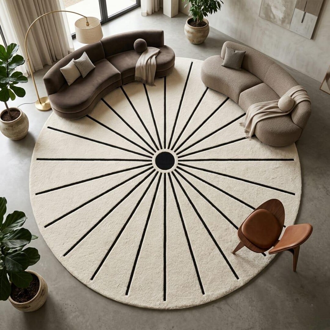 Eclectic Round Wool Rugs Round Sunburst Wool Rug, Modern Circle Area Rug, Handmade Tufted Black ...
