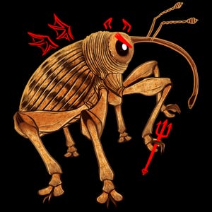 Può includere: Illustrazione digitale di un insetto marrone con corna da diavolo, ali e un tridente rosso su sfondo nero. L'insetto ha un'espressione severa con un occhio rosso. Il corpo dell'insetto ha un motivo a strisce.