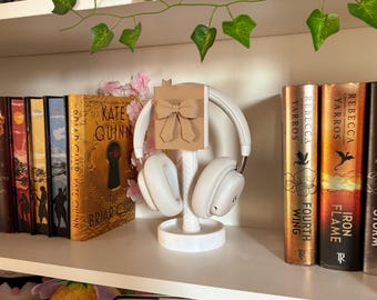 Headphone Stand Desk | Book Lover Headset Holder | Cute Bow Desk Decor | Kawaii Gamer Girl Setup | 3D Printed Headphone Stand