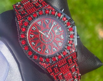 Iced Out Snowflake Watch Red/Black Bussdown Hip Hop Watch