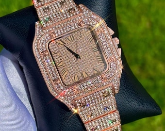 Iced Out Rose Gold Watch Square Face Bussdown Hip Hop Watch