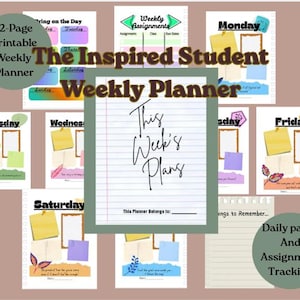 May include: A 12-page printable weekly planner with daily pages and assignment tracking. The planner features colorful designs for each day of the week, with space for notes and reminders. The central page reads "This Week's Plans."
