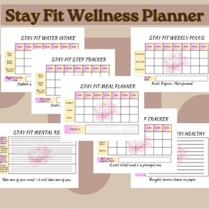 Op de afbeelding: Een verzameling afdrukbare wellnessplanners met de tekst "Stay Fit Wellness Planner". De planners bevatten secties voor waterinname, stappenregistratie, maaltijdplanning, mentale gezondheid en wekelijkse focus. Elke pagina heeft een bloemendesign.