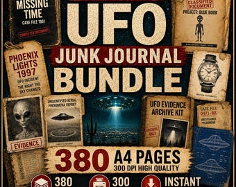 Puede incluir: Un paquete de diario creativo digital con 380 páginas A4 con temas de ovnis y extraterrestres. La colección incluye documentos titulados Missing Time, Phoenix Lights 1997 y Project Blue Book, junto con ilustraciones de alienígenas, platillos voladores y planos técnicos.