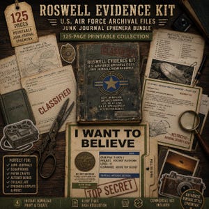 Kit de evidencia de Roswell, material efímero para diario de recuerdos sobre ovnis, álbum de recortes sobre conspiraciones ovni, papeles imprimibles alienígenas, ciencia ficción retro, descarga digital en PDF tamaño A4