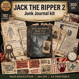 Può includere: Un kit per junk journal Jack the Ripper 2 con 182 pagine A4, che include un fascicolo di prove, rapporti di autopsia, registri di polizia, ritagli di giornale d'epoca, profili di sospettati, prove del crimine, chiavi e un orologio da taschino.