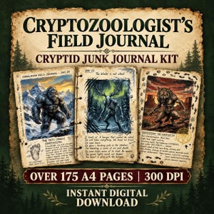 Feldtagebuch-Set für Kryptidenjäger | Druckbare Dark-Academia-Materialien | Bigfoot-Mothman-Nessie-Etiketten & -Stempel | Junk-Journal zum Download