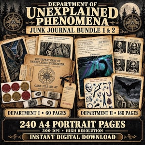 Op de afbeelding: Een digitaal junk journal pakket getiteld Department of Unexplained Phenomena, met 240 A4-pagina's in portretstand, inclusief vintage documenten, illustraties van cryptiden, inventarislijsten van poppen, waszegels en geclassificeerde labels.
