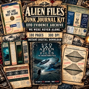 Pode incluir: Um kit de junk journal digital intitulado Alien Files UFO Evidence Archive com 180 páginas a 300 DPI. A coleção inclui vários documentos classificados, relatórios de estudos biológicos, mapas estelares e diagramas técnicos de discos voadores.
