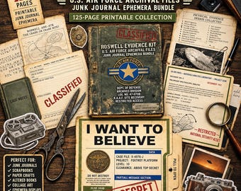 Kit de evidencia de Roswell, material efímero para diario de recuerdos sobre ovnis, álbum de recortes sobre conspiraciones ovni, papeles imprimibles alienígenas, ciencia ficción retro, descarga digital en PDF tamaño A4