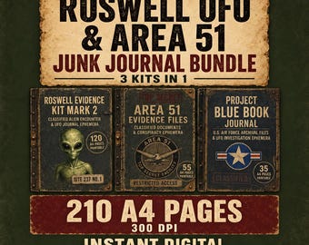 Roswell UFO & Area 51 Junk Journal Bundle - Project Blue Book 210 Vintage Printable Papers, Alien Conspiracy Ephemera Digital Download