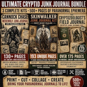Op de afbeelding: Ultimate Cryptid Junk Journal Bundle met drie sets en meer dan 500 pagina's aan paranormale ephemera. Bevat Cannock Chase Werewolf, Skinwalker en Cryptozoologist's Field Journal kits in A4-portretformaat met 300 DPI hoge resolutie bestanden.