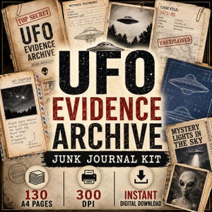 Op de afbeelding: Een digitale junk journal kit getiteld UFO Evidence Archive met een verzameling documenten in vintage-stijl, getuigenverklaringen, dossierstukken en foto's van vliegende schotels. De kit bevat 130 A4-pagina's met 300 DPI voor directe download.