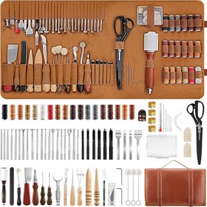 101PCS Leather Working Tools Kit | Leather Sewing Kit with Stitching Chisels, Waxed Thread, Hole Punch, Stamping Tools for DIY Wallet, Belt
