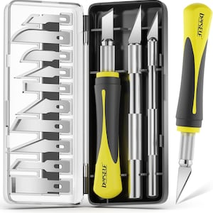 May include: A craft knife set featuring three handles with yellow and black grips, each labeled DIYSELF, and a clear plastic storage case containing ten assorted metal blades. The set includes one knife with a blade attached and two spare handles.