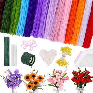 May include: A collection of craft supplies for making artificial flowers. Includes bundles of colorful chenille stems, floral wire, floral tape, ribbon, pearl heart, and pre-made flower bouquets in various colors.