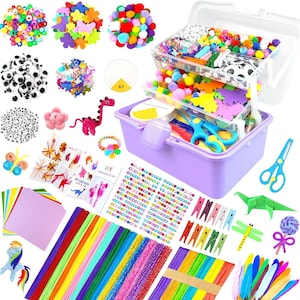 May include: A comprehensive arts and crafts supply kit featuring a multi-tiered lavender storage box filled with colorful pom-poms, beads, googly eyes, pipe cleaners, craft sticks, felt shapes, adhesive gems, clothespins, scissors, and paper.