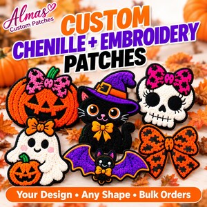 May include: A collection of six Halloween-themed chenille and embroidery patches featuring a pumpkin with a pink bow, a black cat in a purple witch hat, a skull with a pink bow, a ghost holding a pumpkin, a purple bat, and an orange leopard print bow.