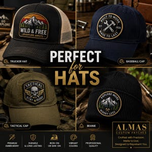 May include: Four hats featuring custom embroidered patches: a black trucker hat with a mountain scene, a navy baseball cap with crossed tools, an olive tactical cap with a skull emblem, and a black beanie with a mountain and axe design.