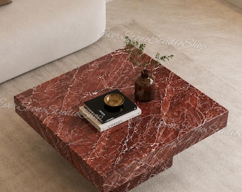 Luxury Red Marble Coffee Table, Square Levanto Marble Center Table, Modern Living Room Furniture, Natural Stone modern & luxury Table